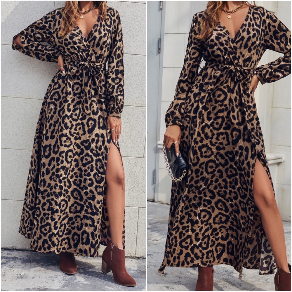 Camel leopard Print Surplice Cut Out Sleeve Maxi Dress - Picture 2 of 3